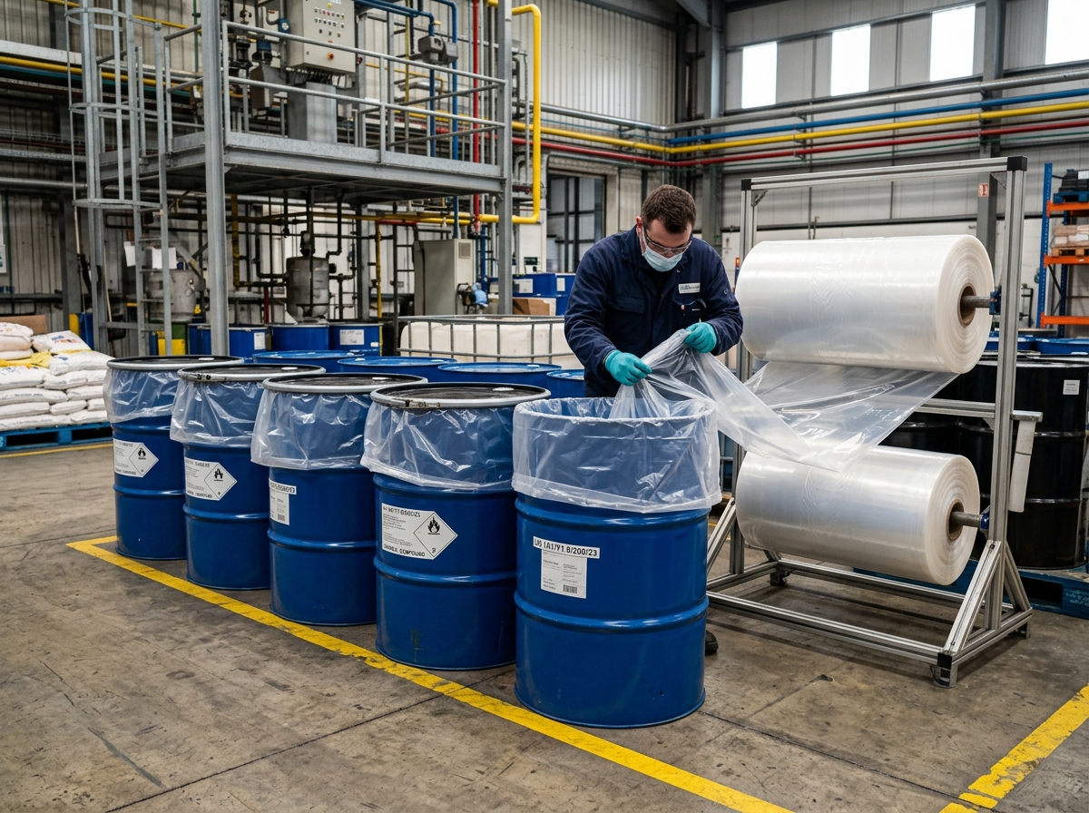 Heavy duty LDPE liner bag suppliers, chemical barrel drum liners, industrial plastic packaging company