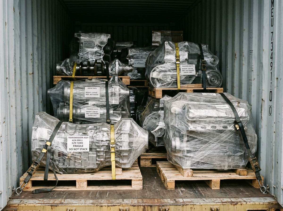 Automotive Machinery and Engine Parts Wrapped in LD Liner for Export Shipping